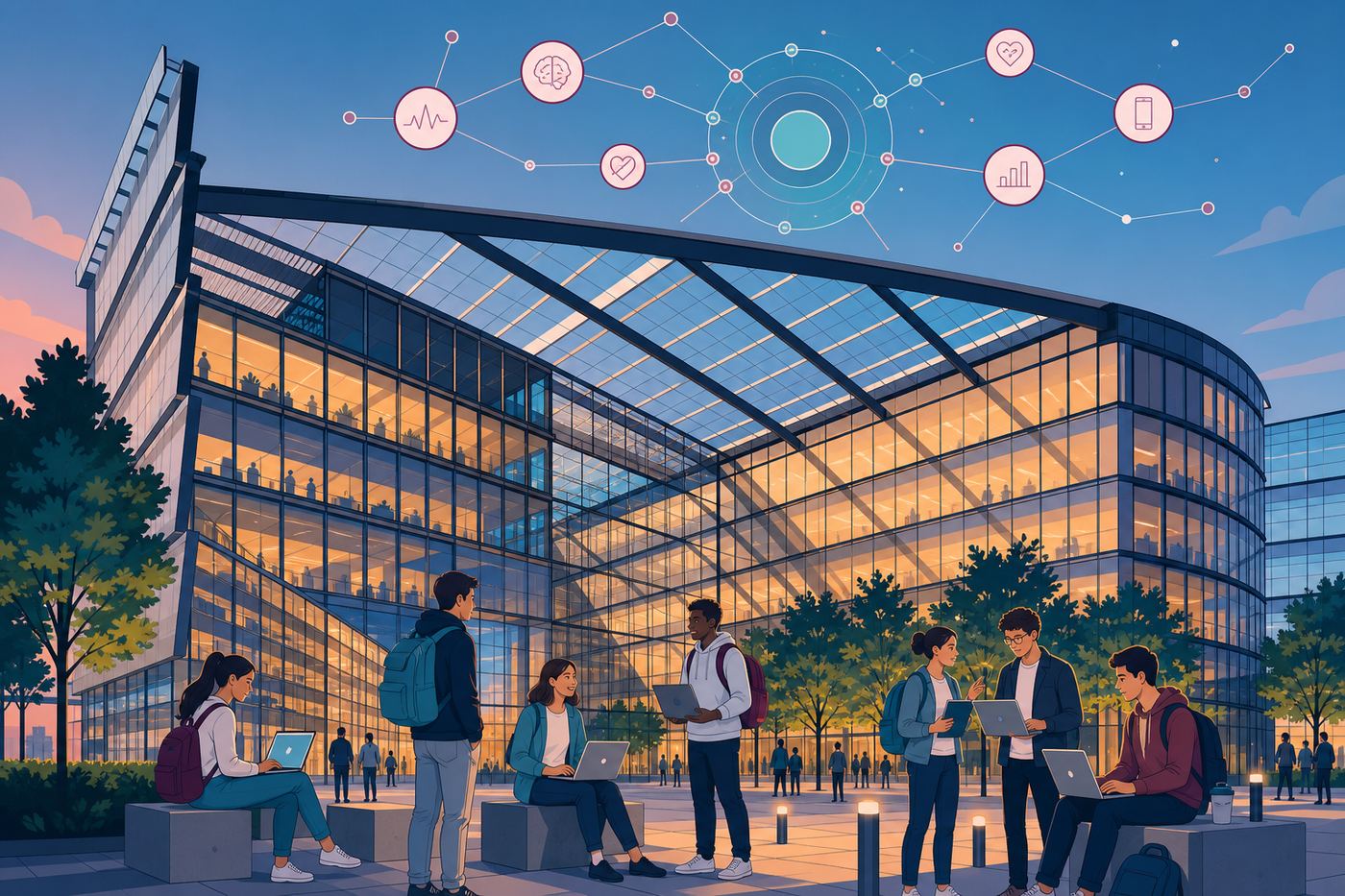 Le Campus Biotech à Genève au crépuscule, sa façade de verre éclairée de l’intérieur.